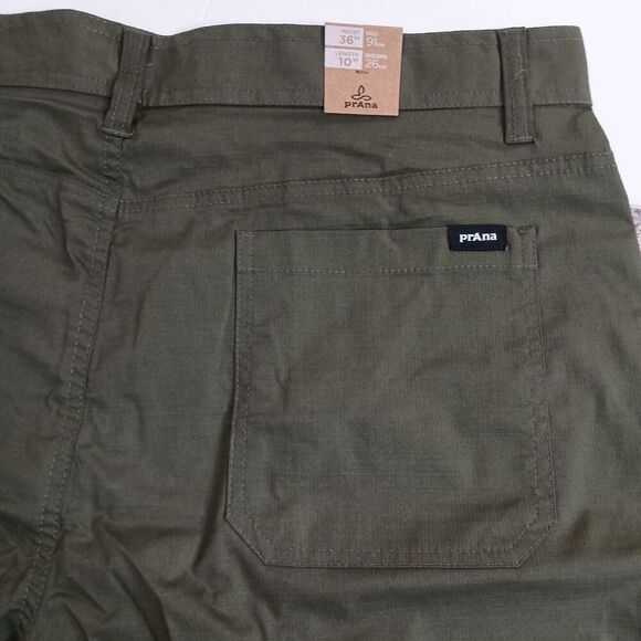 Prana Shorts Mens Waist 36 Waist 10 Inseam Double Peak Cargo Green Zipper Pocket - Picture 9 of 10